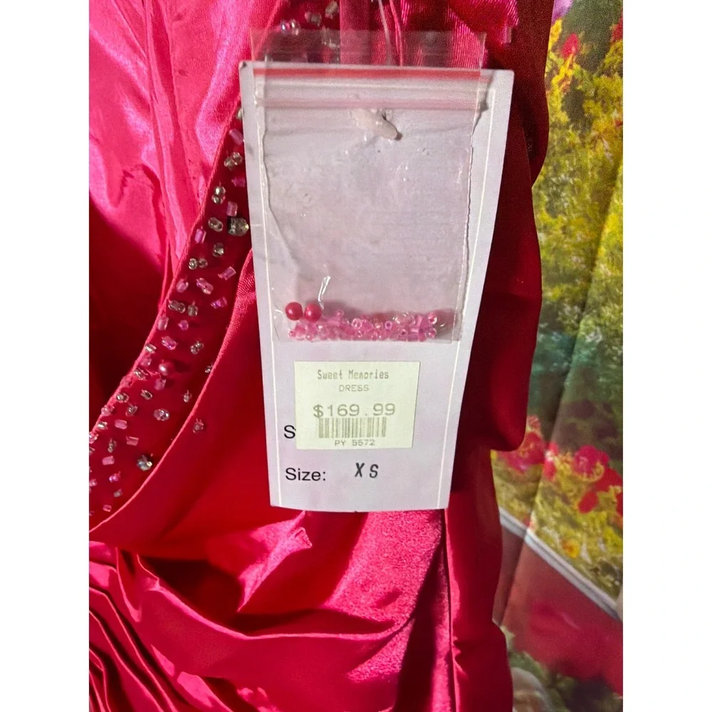 Poly USA Y2K Satin Gown | Hot Pink Beaded Halter | Prom Pageant Formal XS NWT